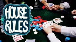 People at Poker Table, Casino Chips Spread Out, House Rules Text