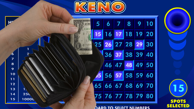 Keno Game Board with Numbers, Hand Pulling Money Out of Wallet
