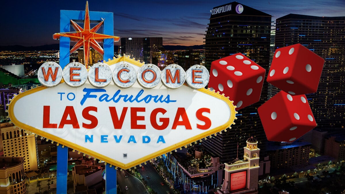 View of Las Vegas Strip Casinos, Welcome to Las Vegas Sign, Red Casino Dice