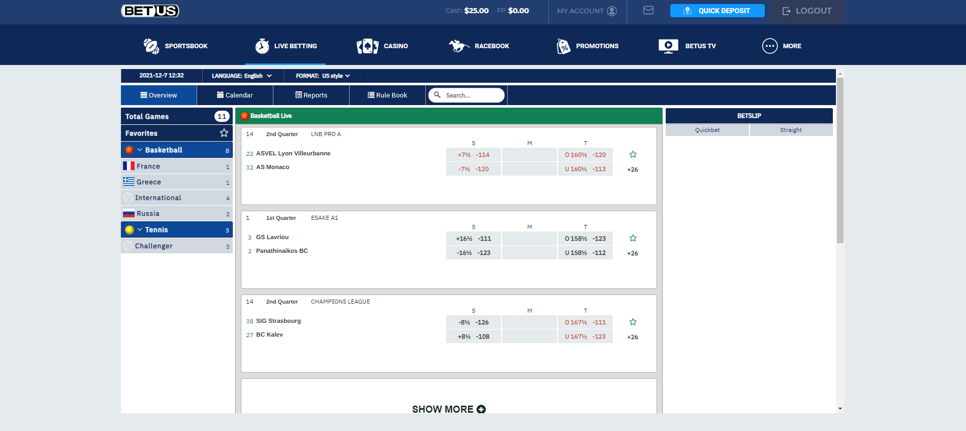 BetUS Live Betting Interface Screenshot
