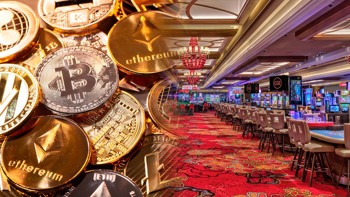 Crypto Coins on Left and a Casino Floor on Right