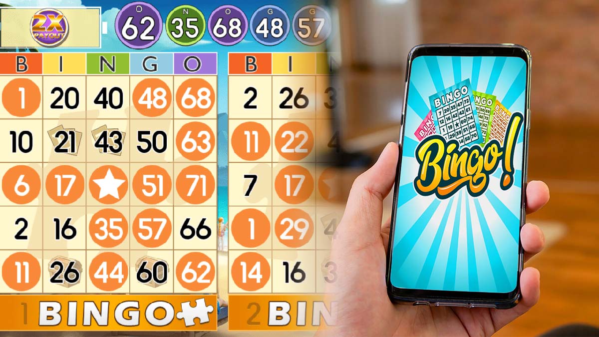 Online Bingo Game on Left and a Bingo Game on a Mobile Device on Right