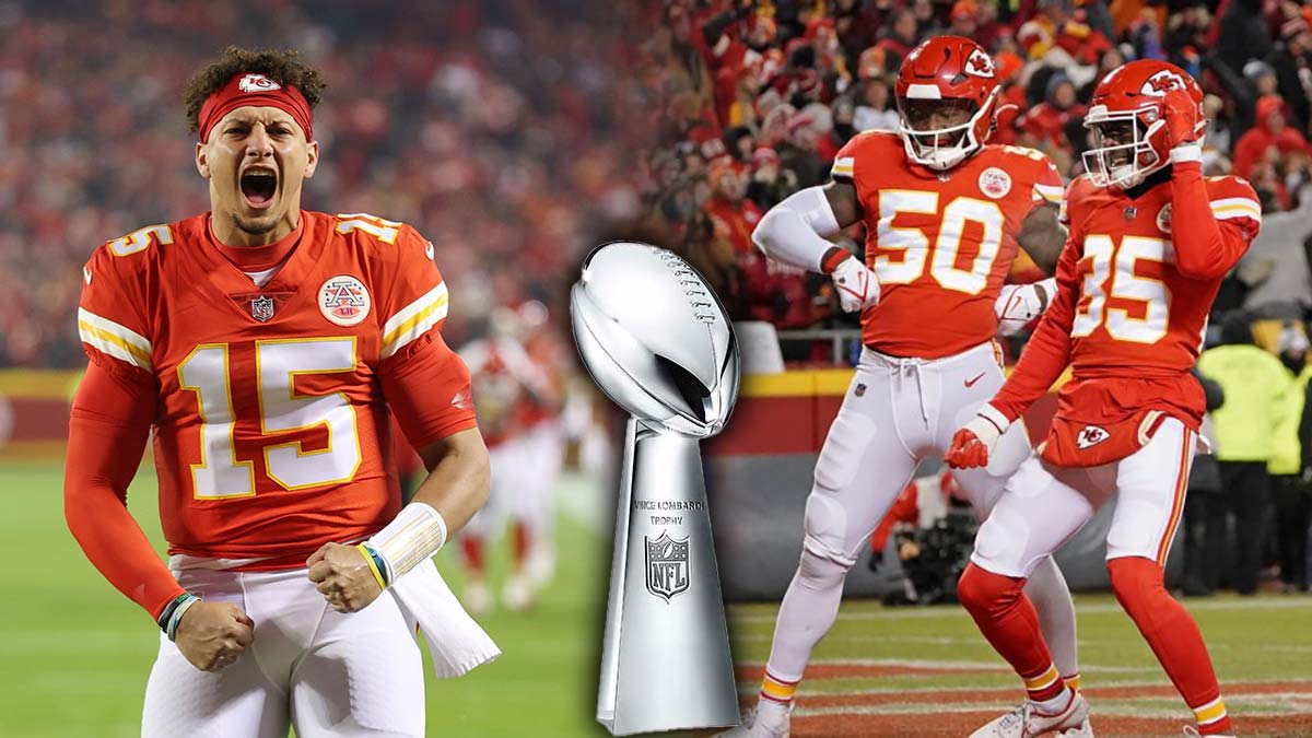 Patrick Mahomes on Left and Other Chiefs Players on Right with the Lombardi Trophy in Front and Center