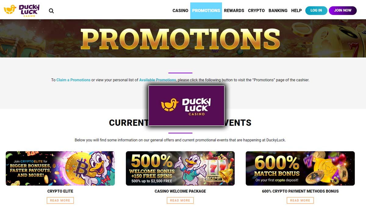 Screenshot of the DuckyLuck Casino Promotions Page