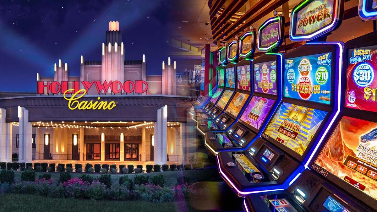 Hollywood Casino Entrance on Left and a Row of Slot Machines on Right