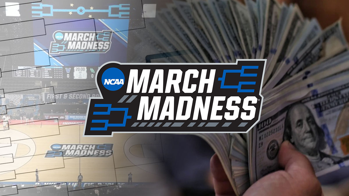 March Madness logo centered with bracket on left and hand holding money on right