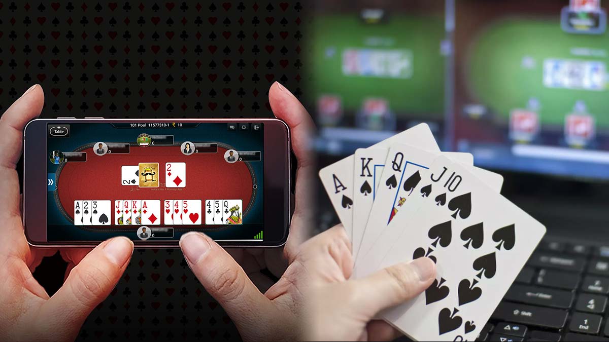 Rummy ON a Mobile Device on Left Hand Holding Cards With Online Games on a Laptop Behind Them