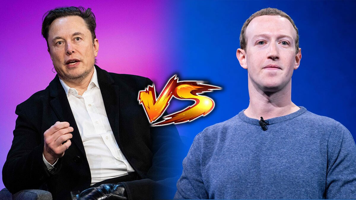 Elon Musk di Kiri dan Mark Zuckerberg di Kanan dengan tanda VS di Tengah