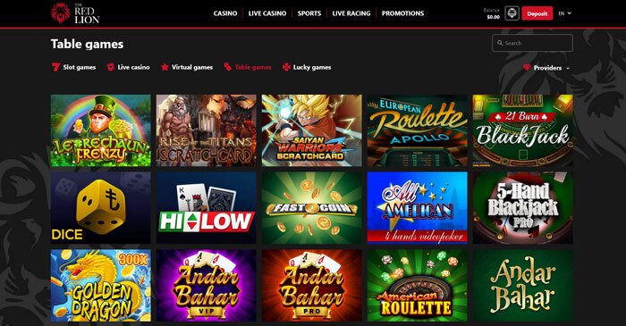 Red Lion Casino Table Games