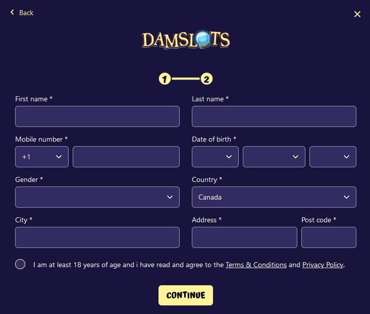 DamSlots Sign Up Page 2